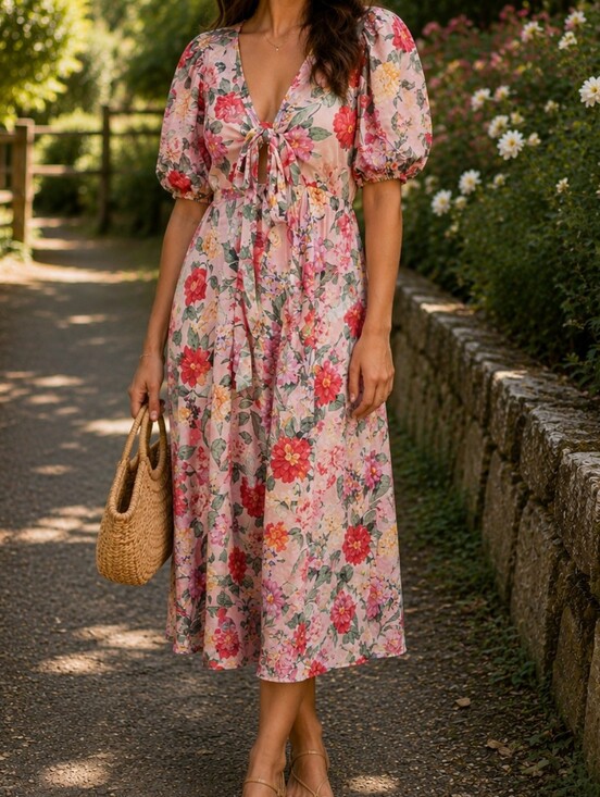 Old Navy Dresses & Skirts - Old Navy Pink & Green Floral Midi Dress | Romantic Puff Sleeve Tie Front Dress
